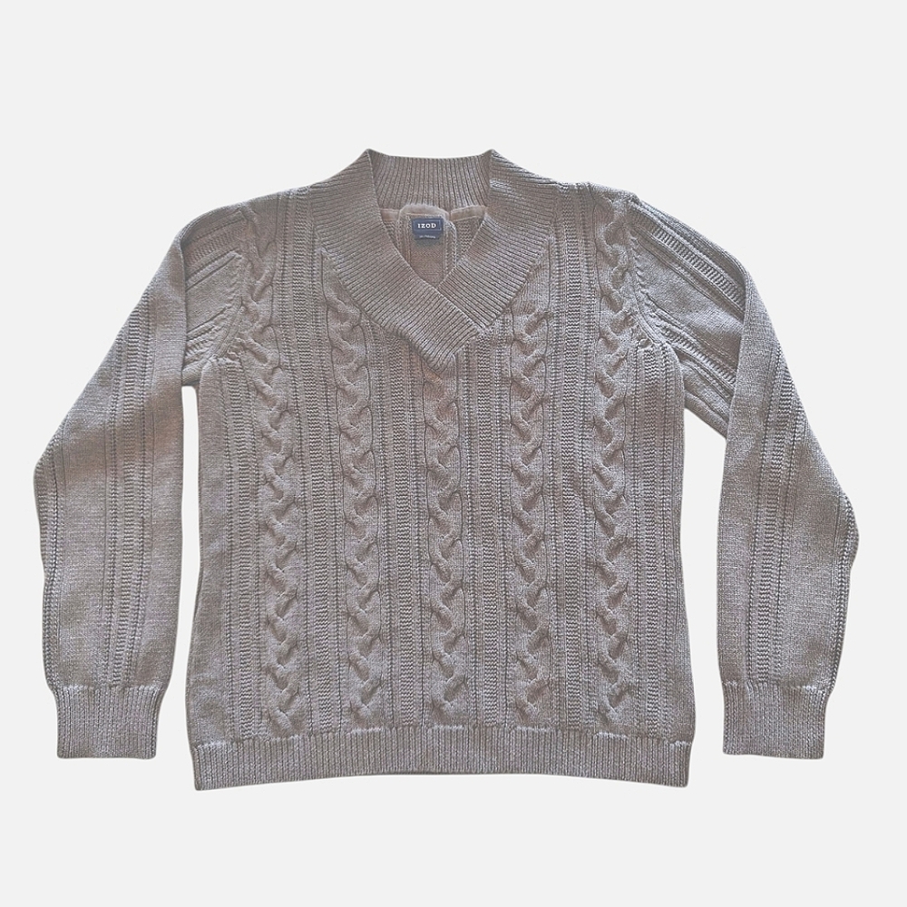 Izod Men's Gray V-Neck Cable Knit Sweater | Size XL
